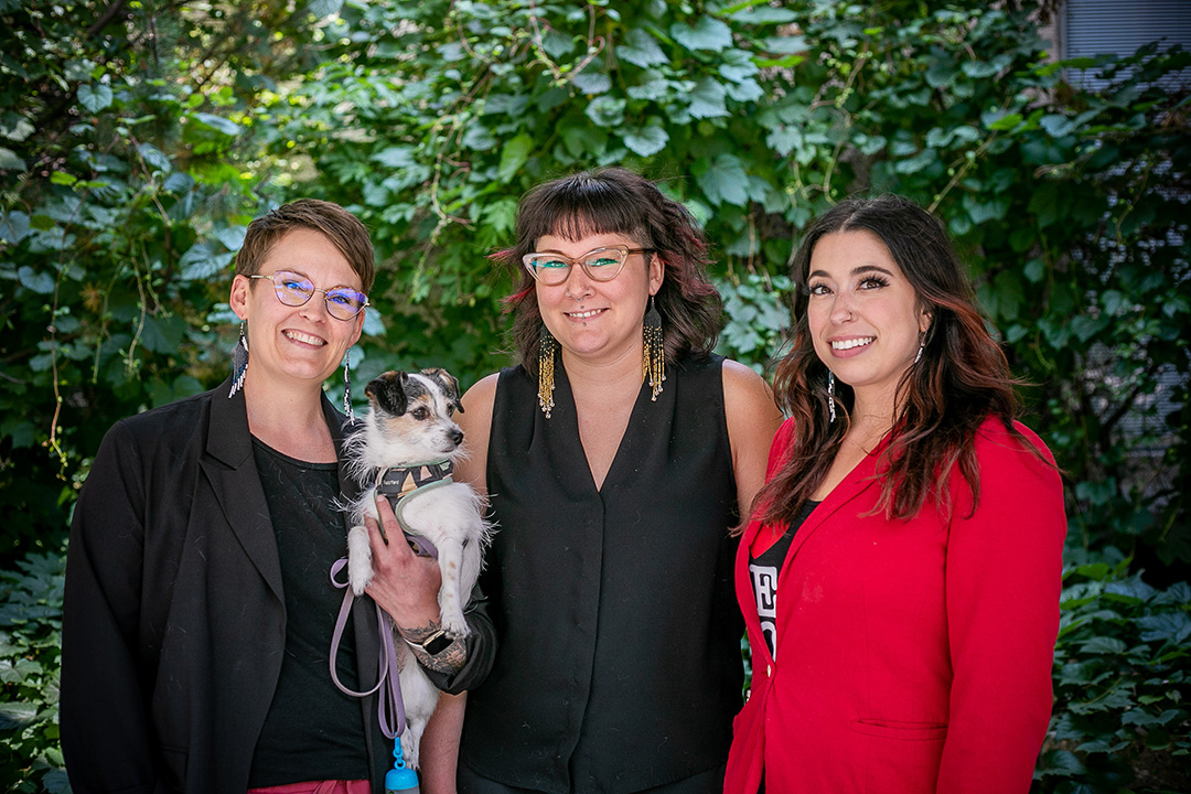 Members of the WCVM’s Northern Engagement and Community Outreach program (left to right): Dr. Jordan Woodsworth (DVM, PhD), Katara Chanin (RVT) and Paiten Viklund, the program's administrative support. Photo: Christina Weese. 
