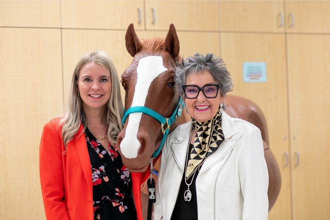 Donor Dr. June Donaldson (right) with “Bubbles” and Melissa Marshall Mann, WCVM’s director of development. Photo: Christina Weese.